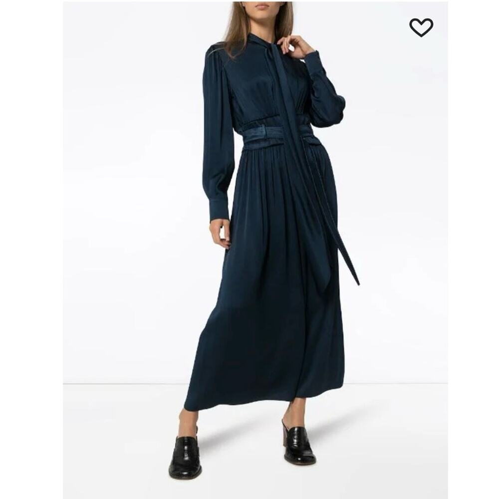 Sies Marjan Faye Belted Long Sleeve Crepe Dark Navy Satin Midi Dress Size 2 NWT